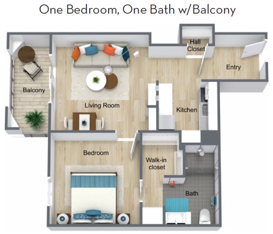 One bedroom, one bath apartment layout with a balcony.