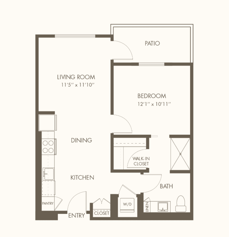 One-bedroom apartment floor plan with living room, kitchen, dining area, patio, and bathroom.