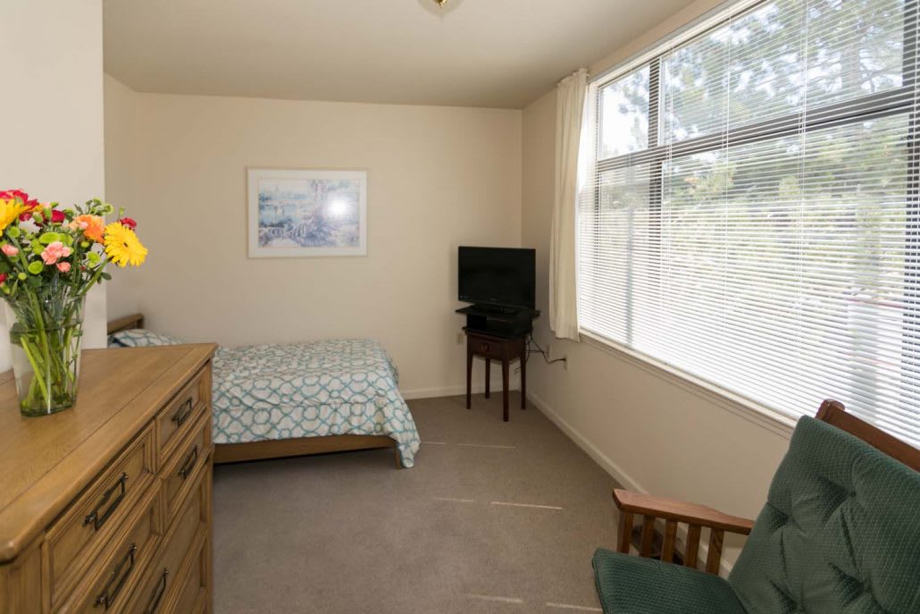 A small bedroom featuring a bed, dresser, and TV with natural light coming through a large window.