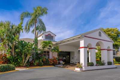 Tropical hotel entrance with palm trees and bright architecture.
