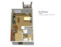 A floor plan of a studio apartment showing the layout of the living area, kitchen, and bedroom.