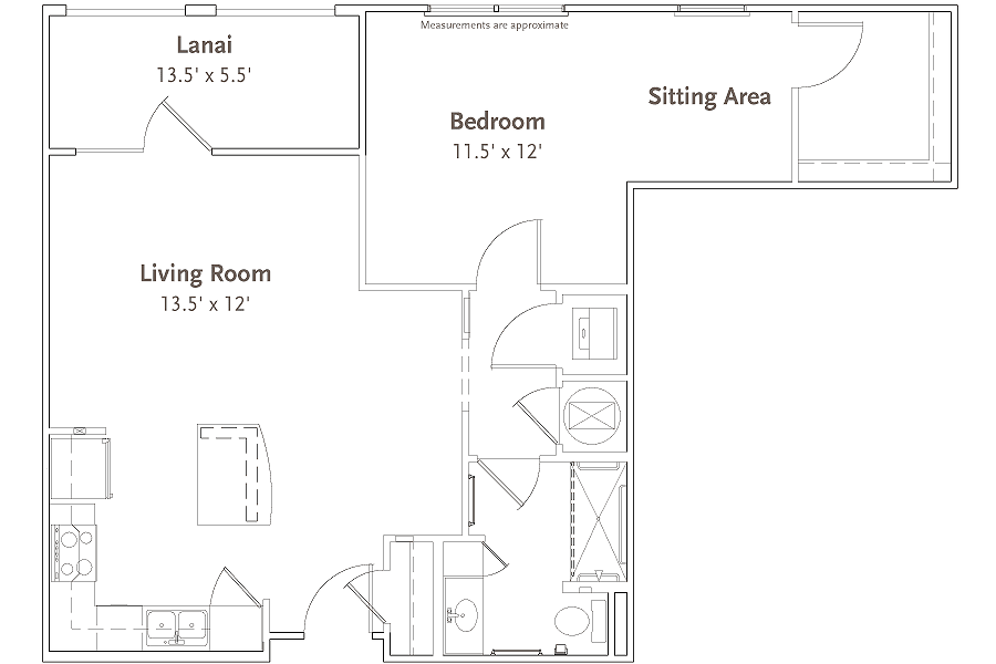A floor plan of an apartment unit showing rooms like the lanai, bedroom, sitting area, and living room.