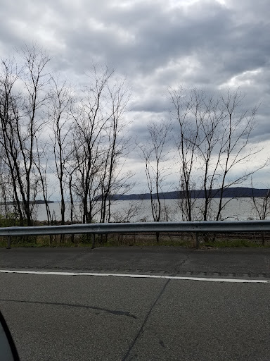 A serene view of a lake bordered by bare trees under a cloudy sky.