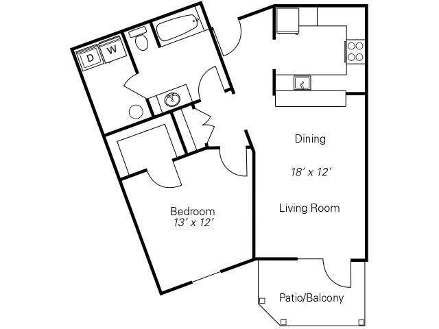A floor plan of a one-bedroom apartment featuring a kitchen, dining area, living room, bathroom, and patio/balcony.