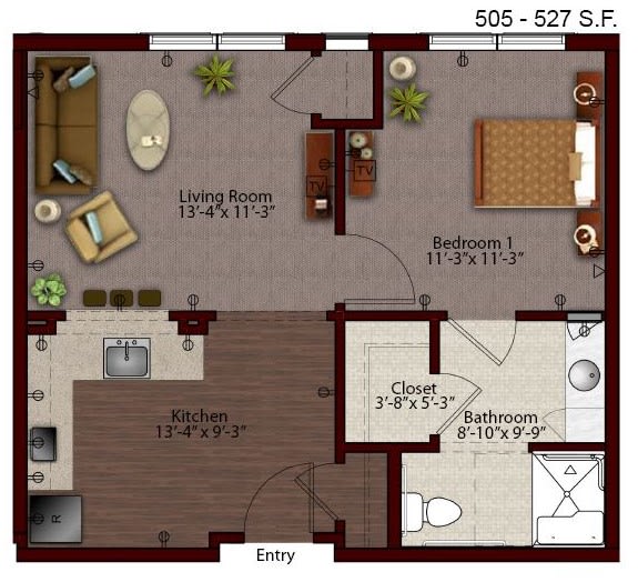 This is a floor plan of a one-bedroom apartment featuring a living room, kitchen, bathroom, and dedicated closet space.