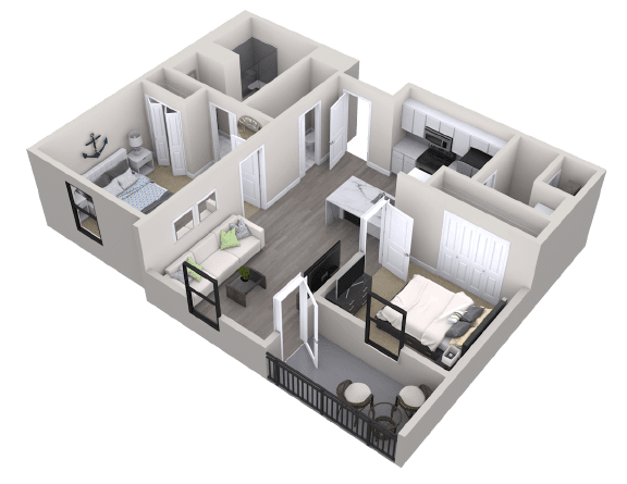 A 3D floor plan of a modern apartment featuring two bedrooms, a kitchen, and living area.