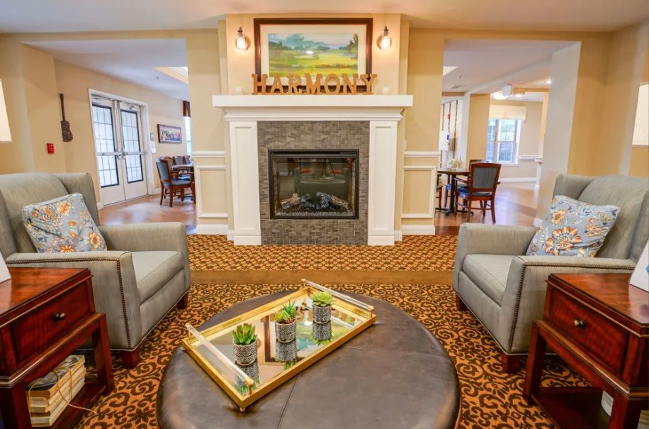 A cozy living room with a fireplace and comfortable seating, accented by modern decor.