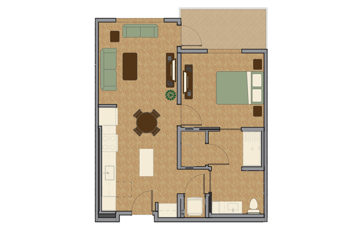 A floor plan of an apartment featuring a bedroom, living room, kitchen, and bathroom.