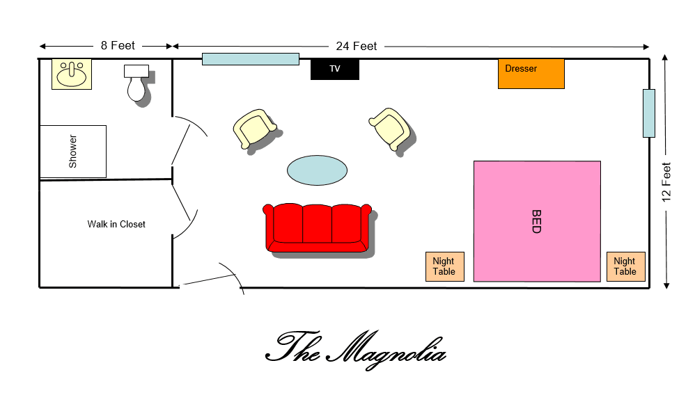 A floor plan of 'The Magnolia' featuring a living room with a couch, chairs, coffee table, and a TV.