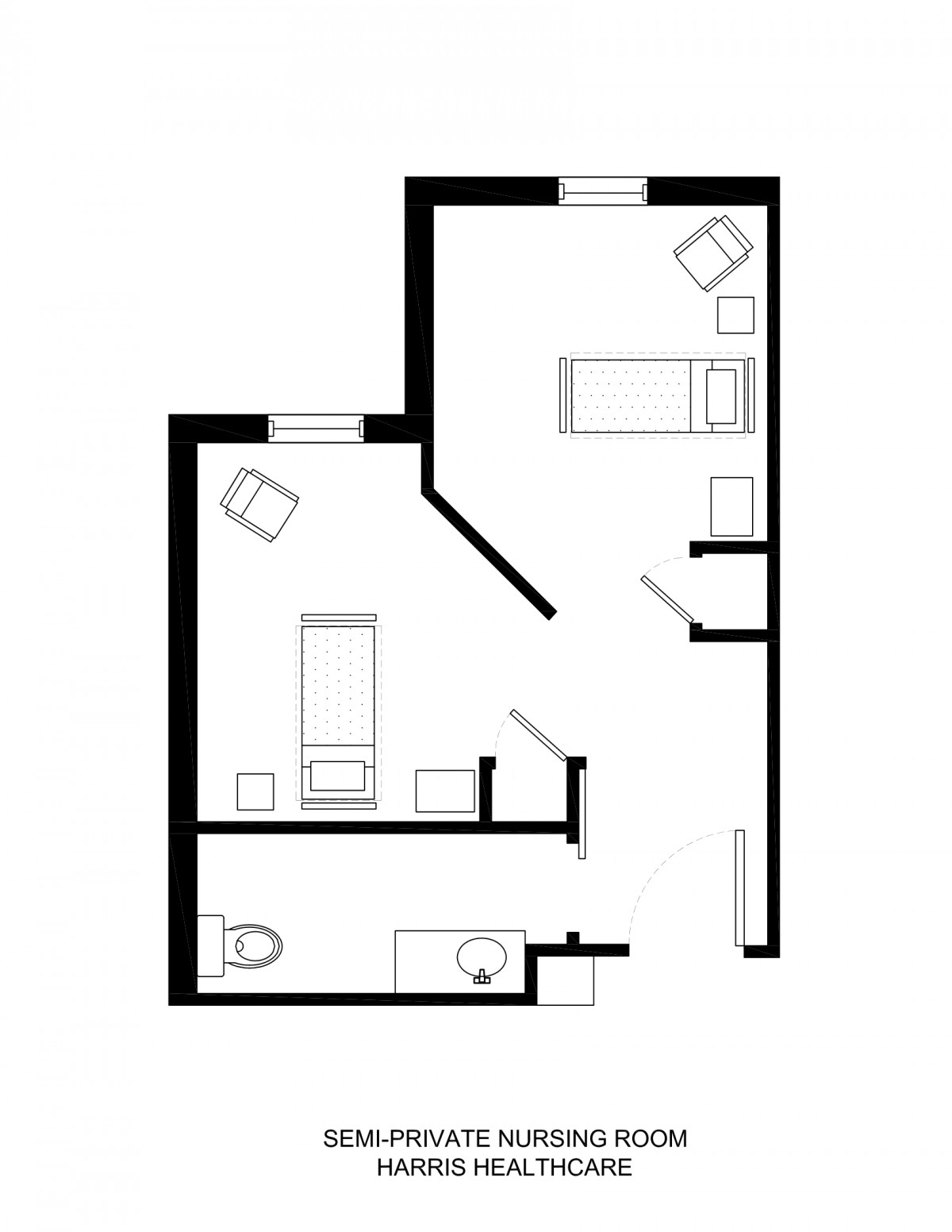 A simple floor plan showing the layout of a small apartment with distinct living and sleeping areas.