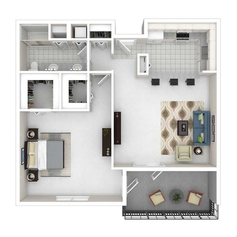 A one-bedroom apartment floor plan featuring an open kitchen, living room, bathroom, and balcony.