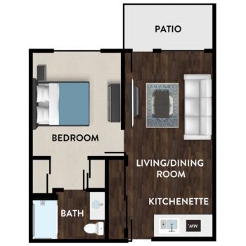 A floor plan of a one-bedroom apartment featuring a living/dining room, kitchenette, bathroom, and patio.