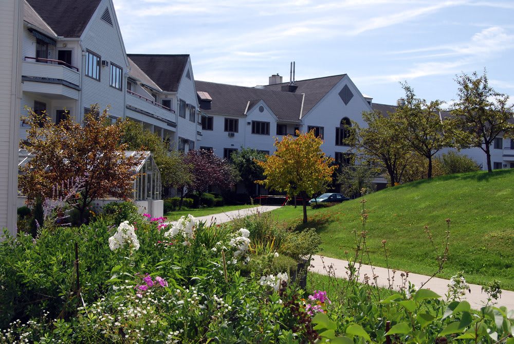 A picturesque view of a building surrounded by a lush garden and greenery.
