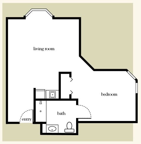 A simple floor plan of an apartment showing a living room, bedroom, bathroom, and closet.