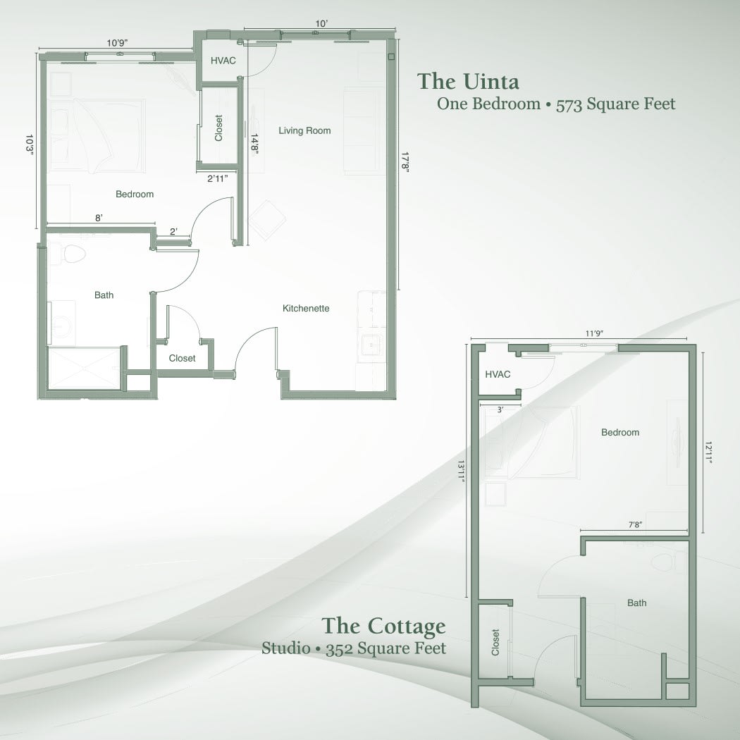 Floor plans for The Union and The Cottage apartments with one-bedroom layouts.