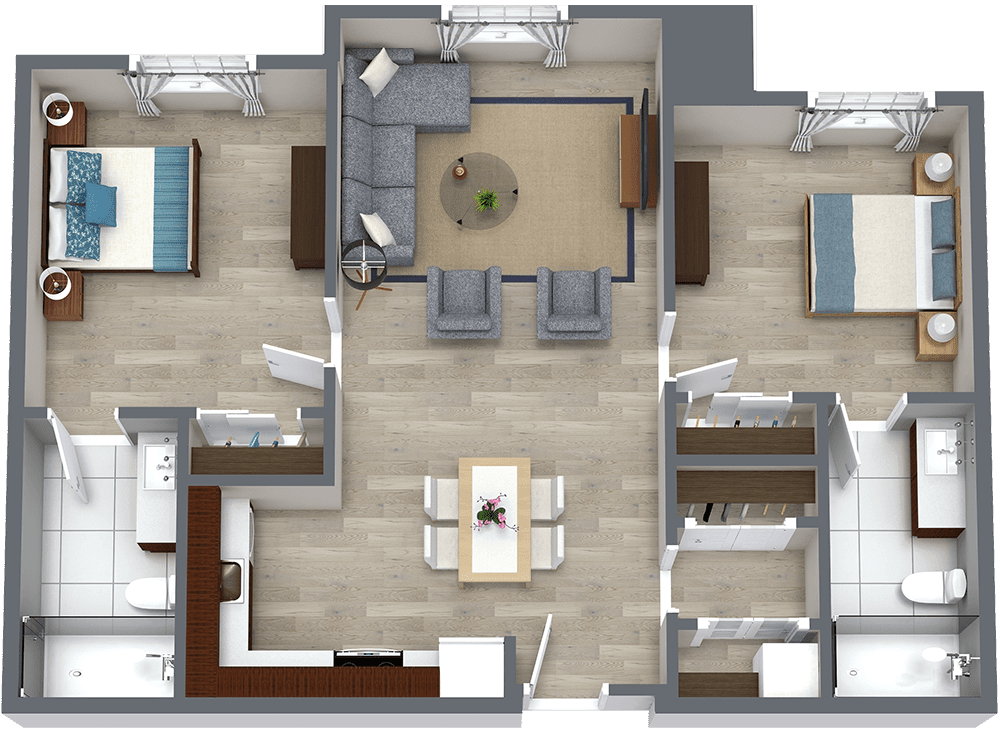A modern apartment floor plan featuring two bedrooms, a living room, and a kitchen.
