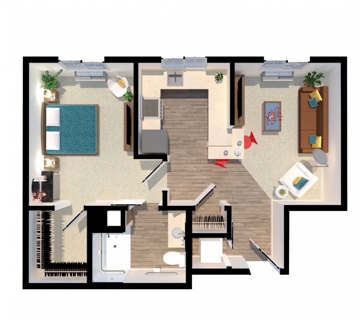 A detailed floor plan showcasing a modern apartment layout with labeled rooms and furniture arrangement.