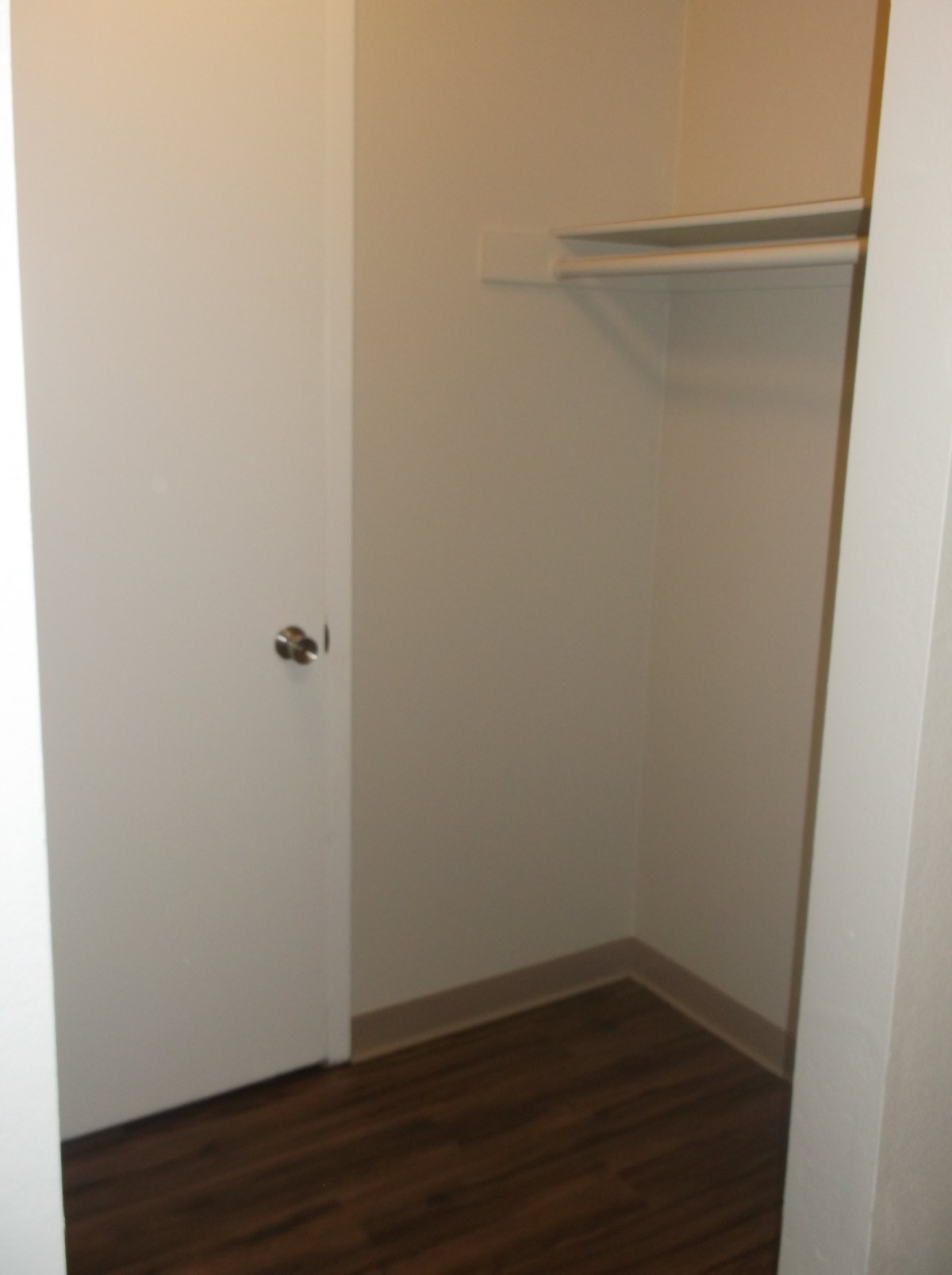 An empty closet with shelving and a closed door.