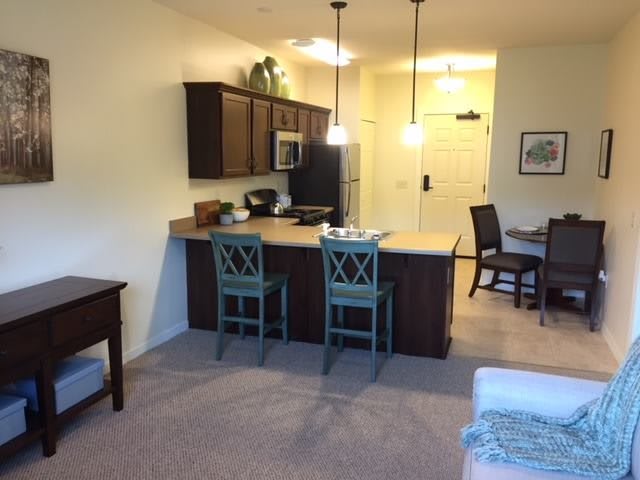 Open floor plan kitchen with an adjacent dining area, featuring modern decor and pendant lighting.