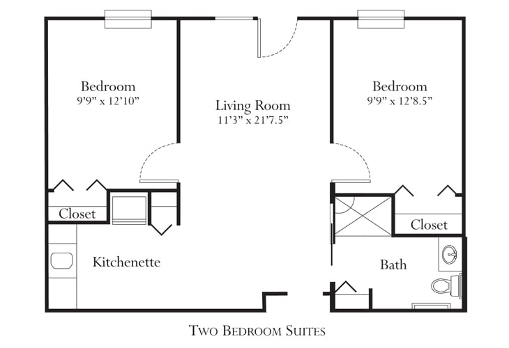A floor plan of a two-bedroom suite with a living room, kitchenette, and bathroom.