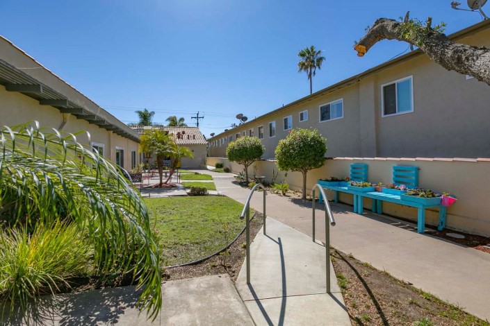 A sunny courtyard with neatly manicured landscaping and outdoor seating in an apartment complex.
