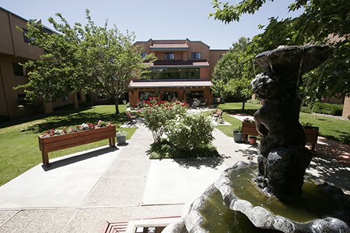 A peaceful garden with a fountain and benches, surrounded by greenery, leading up to a multi-story building.