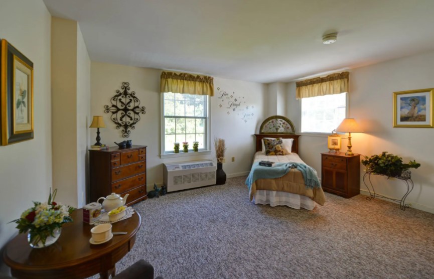 A cozy bedroom with a single bed, wooden furniture, and natural light from two windows.
