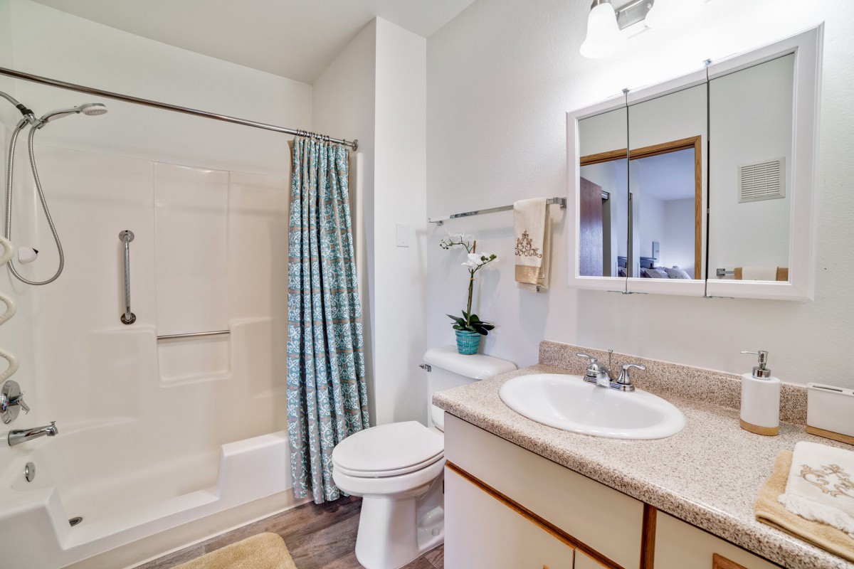 A clean and bright bathroom featuring a sink, toilet, shower with curtain, and a potted plant for decoration.