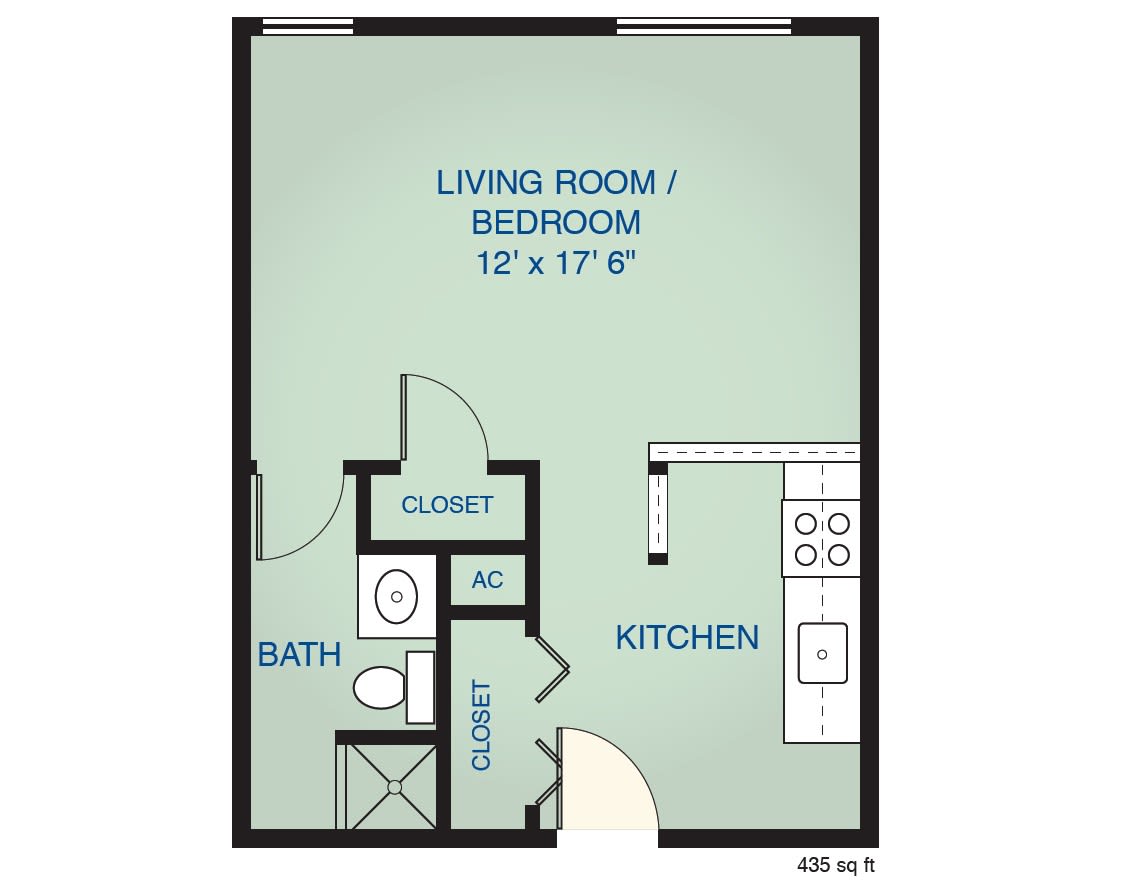 Floor plan of a studio apartment highlighting the living room/bedroom, kitchen, and bathroom layout.