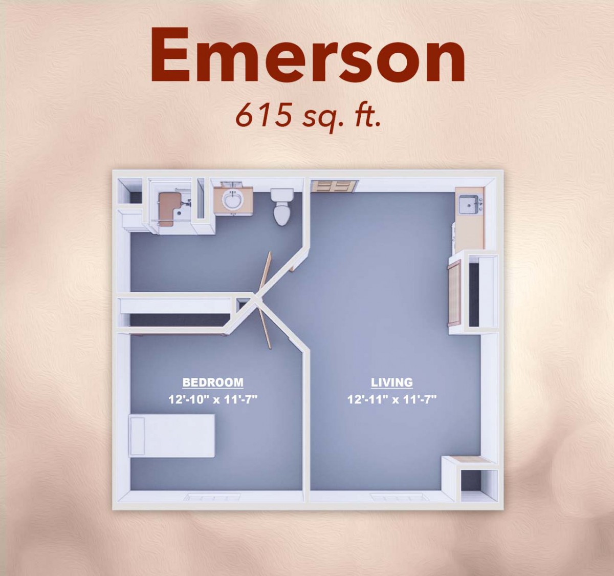 Emerson apartment floor plan with a total area of 615 square feet.