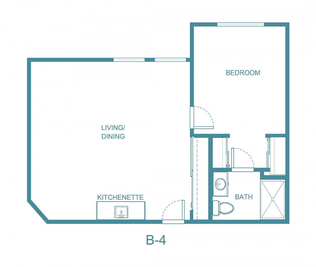 A floor plan of an apartment unit with a living/dining area, bedroom, bathroom, and kitchenette.