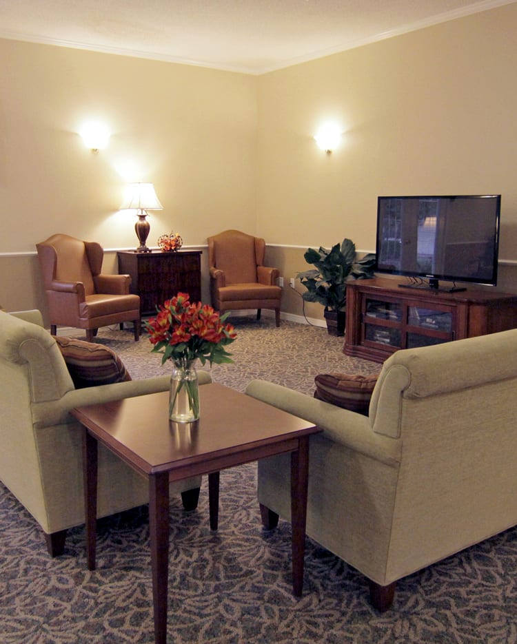 A cozy living room with sofas and chairs arranged around a television, accented by warm lighting and a vase of flowers on the coffee table.