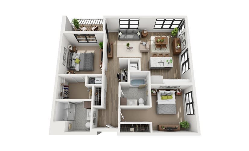 A 3D rendered floor plan of an apartment showing a detailed layout with bedrooms, living area, kitchen, and bathrooms.