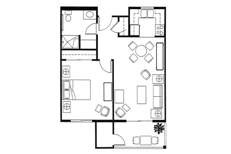 A detailed floor plan of a single-bedroom apartment including living room, kitchen, and bathroom areas.