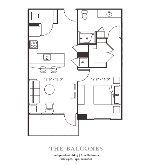 The floor plan of 'The Falconer' apartment featuring one bedroom, a bathroom, kitchen, and living area.