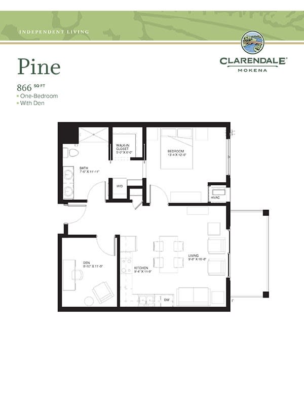 Pine apartment floor plan layout featuring one bedroom and living spaces.