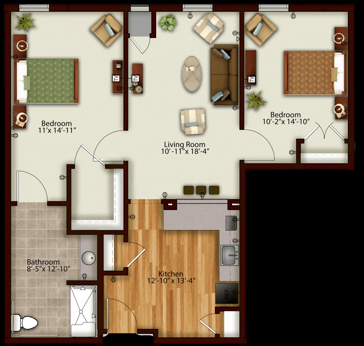 A detailed floor plan of an apartment featuring two bedrooms, a living room, and a kitchen.