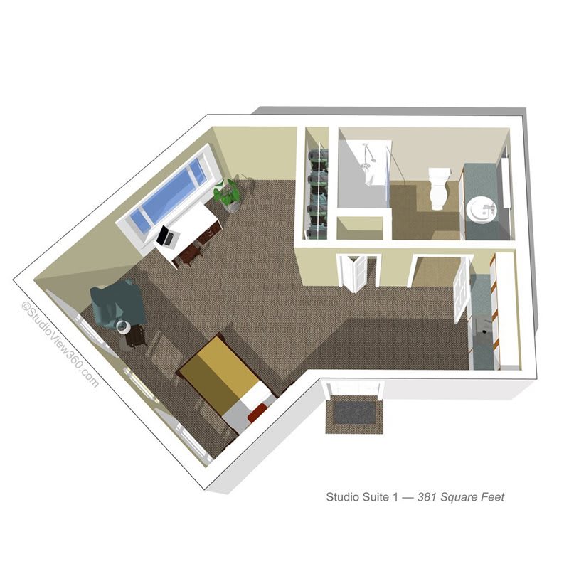 3D floor plan of a studio apartment, showcasing a compact living area with integrated kitchen and bathroom.