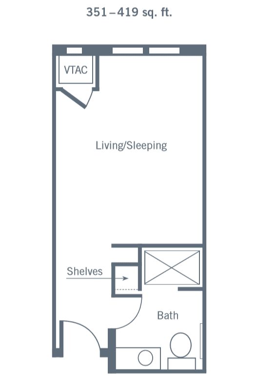 Studio apartment floor plan with living/sleeping area, bath, and closet.