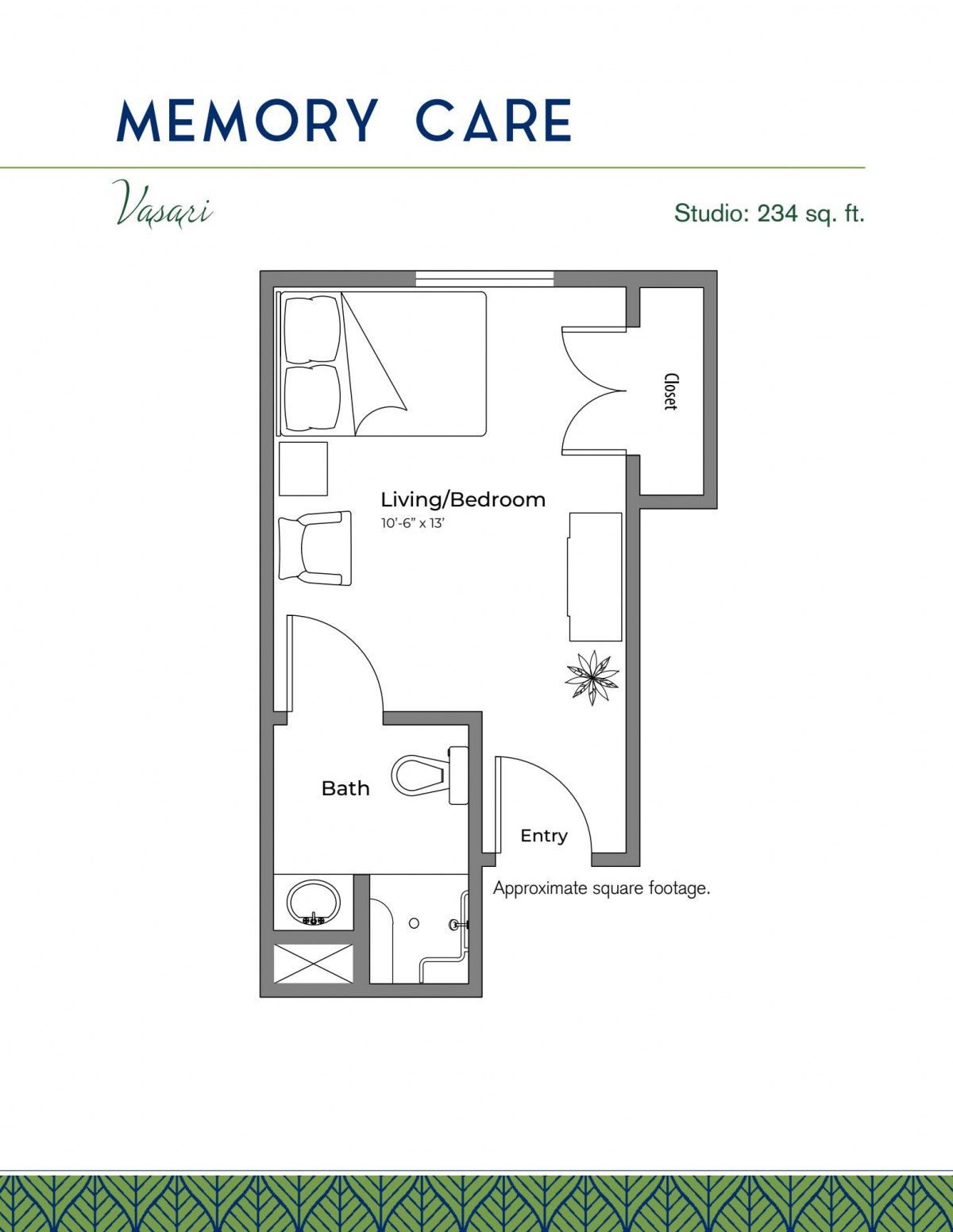 A floor plan of a studio apartment measuring 336 sq. ft., featuring a living/bedroom area, bathroom, and entry.