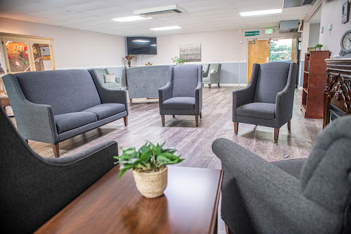 A cozy waiting room featuring modern chairs and a small indoor plant, designed for comfort.