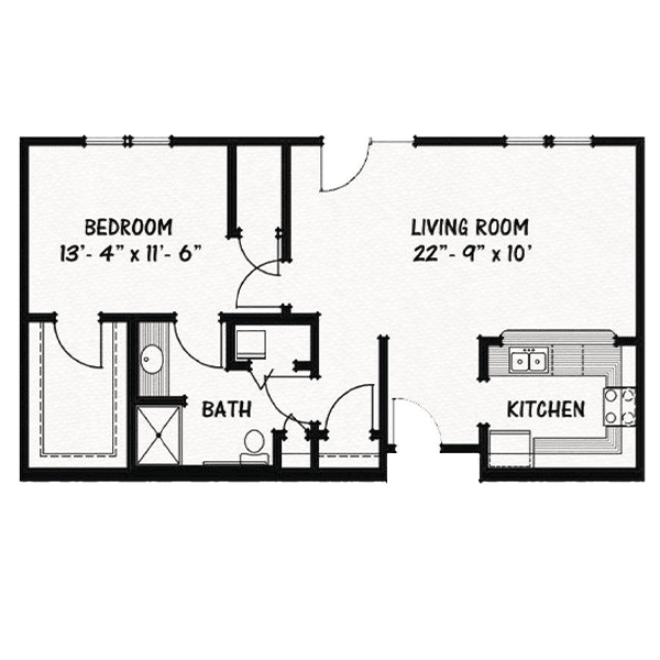 A floor plan showing the layout of a one-bedroom apartment with living room, kitchen, and bathroom.