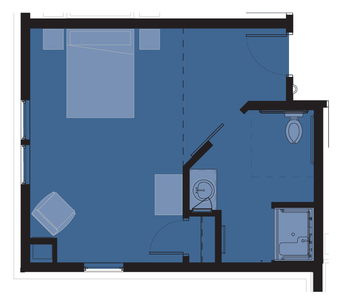 Floor plan showing a bedroom with an adjacent bathroom.