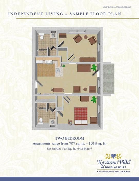 A floor plan of a two-bedroom apartment featuring a kitchen, living room, two bathrooms, and a balcony.