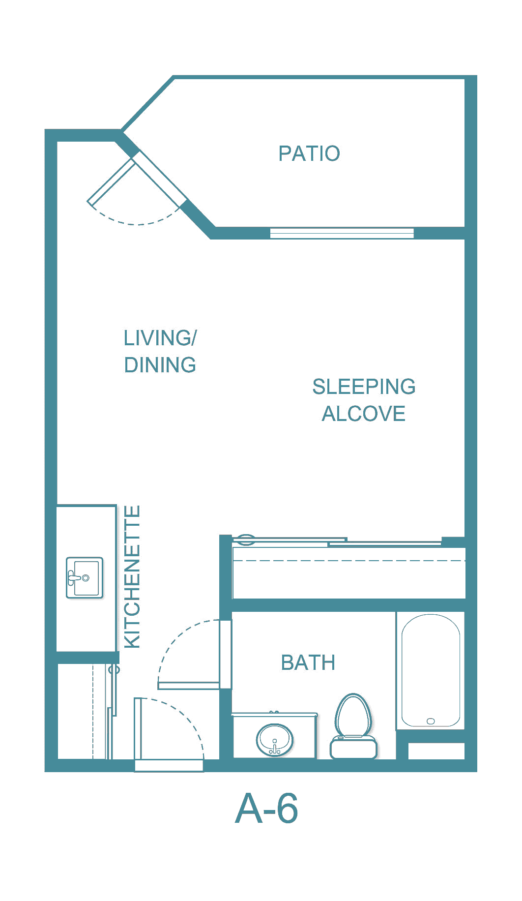 Floor plan of a studio apartment with a living/dining area, sleeping alcove, kitchenette, and bathroom.
