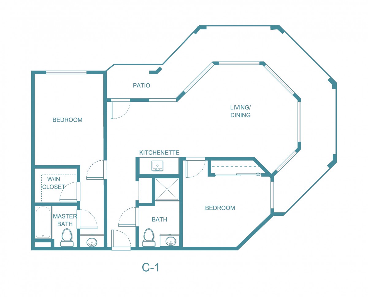 Blueprint showing the layout of a multi-room apartment with labeled spaces.