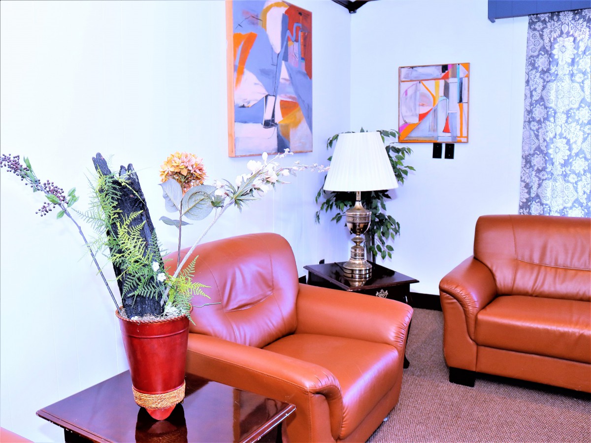 A cozy waiting room with leather chairs, colorful artwork, a lamp, and indoor plants.