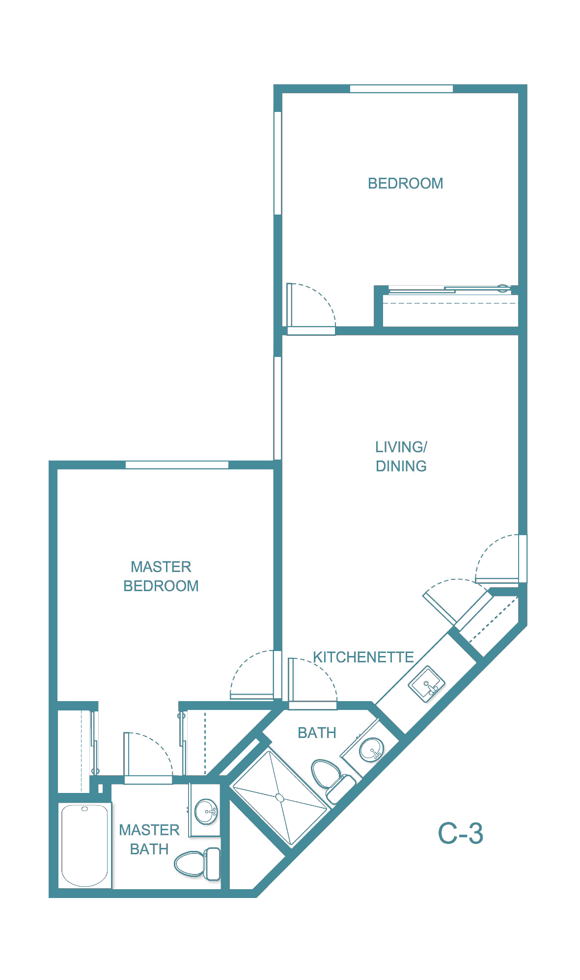 A floor plan showing a layout with a master bedroom, living/dining area, kitchenette, and bathroom.