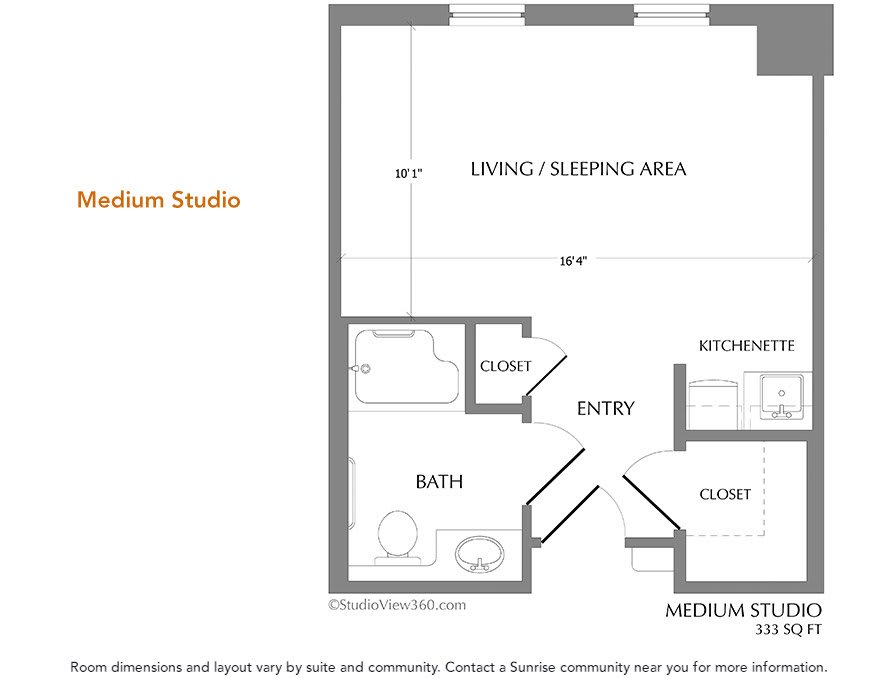 Floor plan of a medium studio apartment layout.