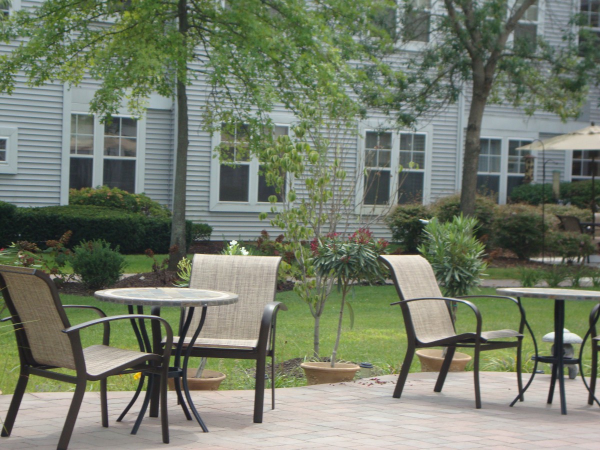 A peaceful patio area with chairs and tables surrounded by greenery.